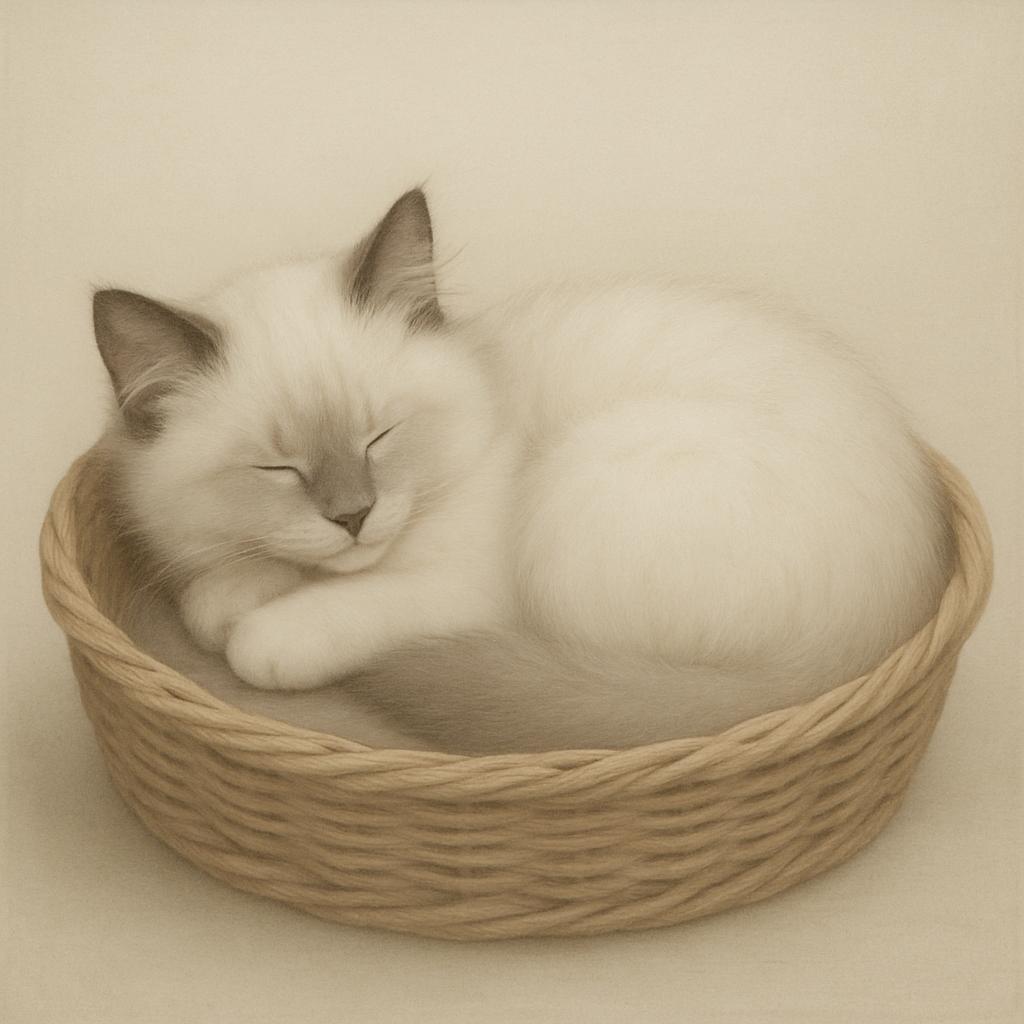 A serene and tranquil image of a white cat with grey markings, curled up in a woven basket, its eyes closed in slumber, ev...